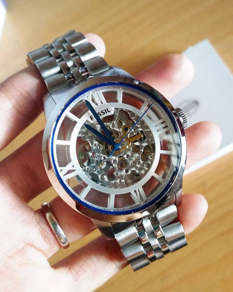 Fossil Townsman Automatic Skeleton Silver Dial Silver Steel Strap Watch for Men - ME3044 Buy Now By Fossil