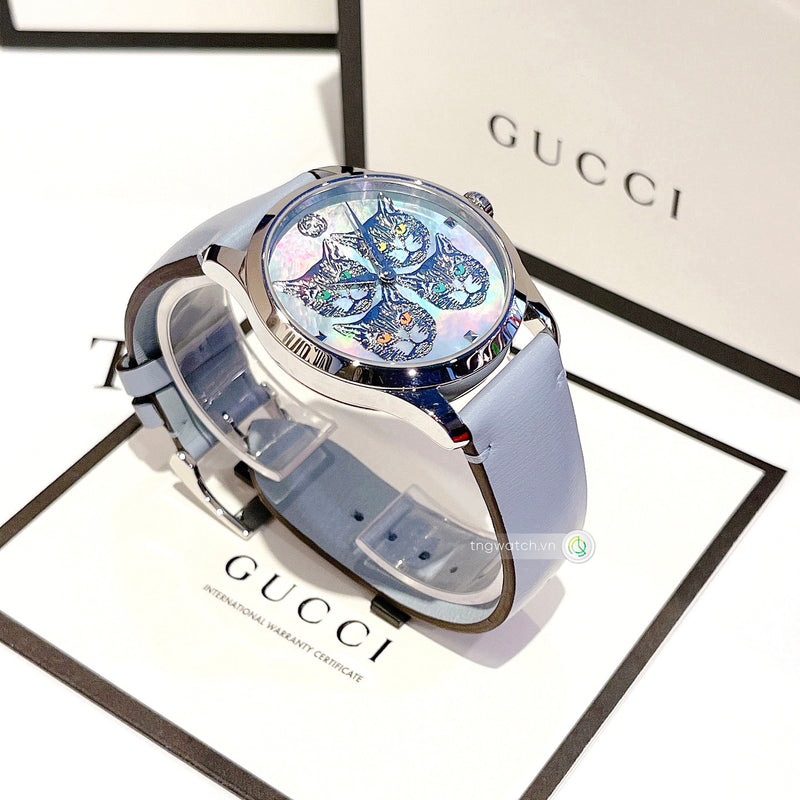 Shop Gucci G Timeless Quartz Mother of Pearl Dial Blue Leather Strap Watch For Women - YA1264124 in USA