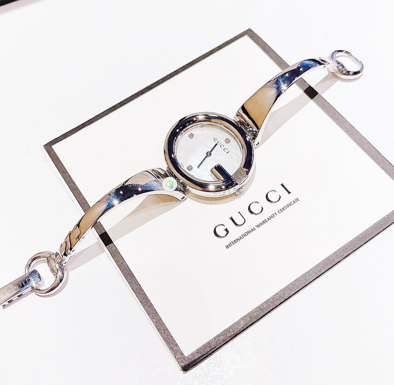 Shop Gucci Guccissima Diamonds Mother of Pearl Dial Silver Steel Strap Watch For Women - YA134303 in USA