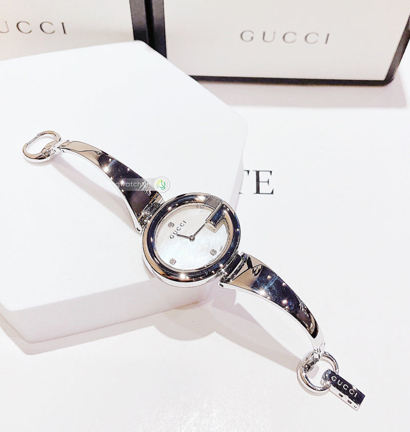 Shop Gucci Guccissima Diamonds Mother of Pearl Dial Silver Steel Strap Watch For Women - YA134303 in USA