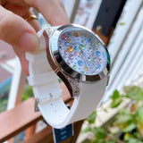Guess Wanderlust Crystals Silver Dial White Rubber Strap Watch For Women - W1059L3 Buy Now By Guess