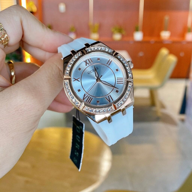 Guess Cosmo Diamonds Silver Dial White Rubber Strap Watch for Women - GW0034L2 Buy Now By Guess