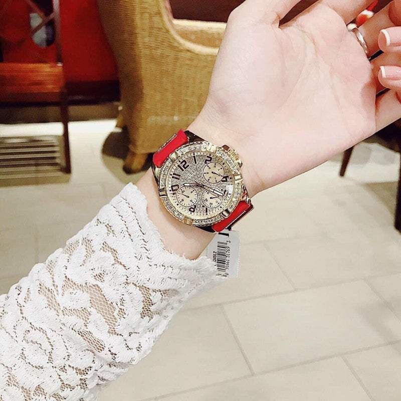 Guess Frontier Diamonds Gold Dial Red Rubber Strap Watch for Women - GW0045L2 Buy Now By Guess