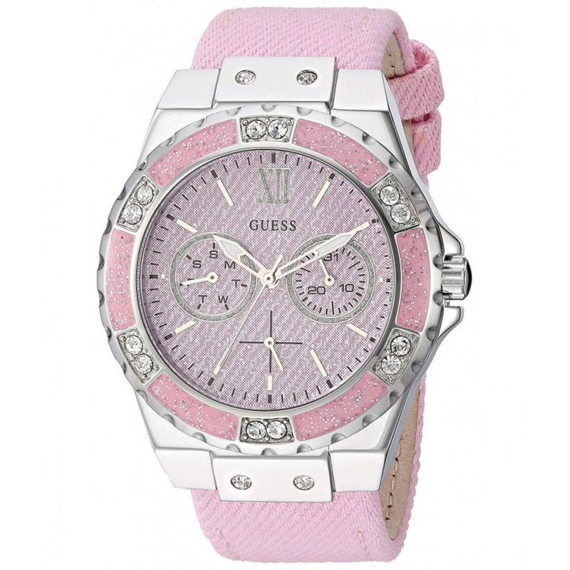 Guess Limelight Quartz Diamonds Pink Dial Pink Denim Strap Watch For Women - W0775l15 Buy Now By Guess