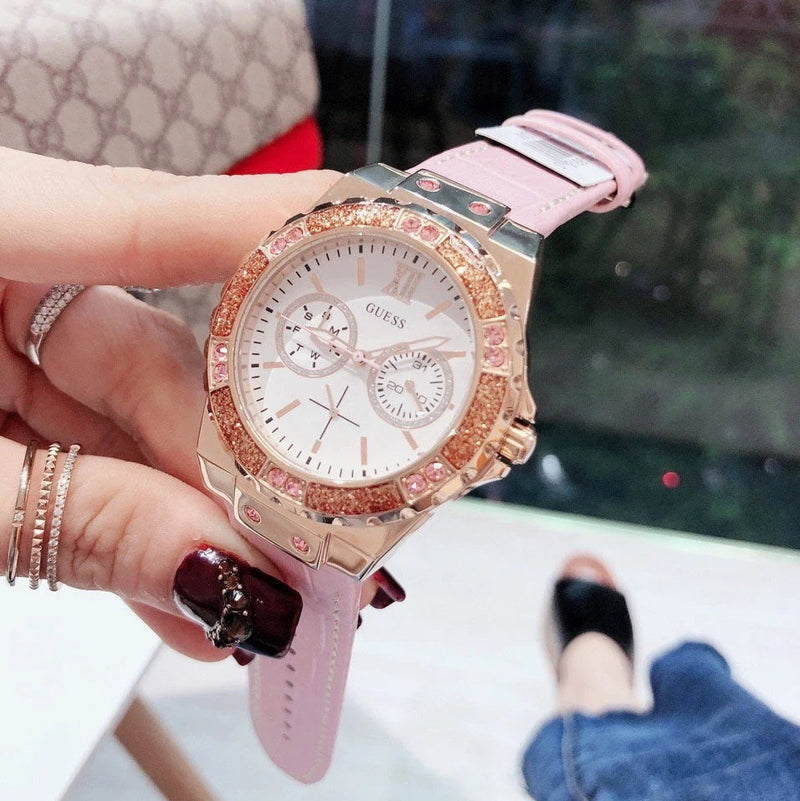 Shop Guess Limelight Quartz Analog White Dial Pink Leather Strap Watch For Women - W0775l3 in USA
