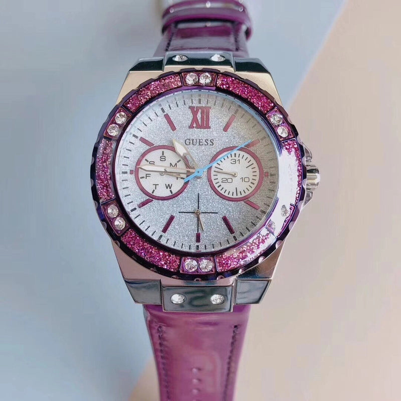 Shop Guess Limelight Quartz Silver Dial Purple Leather Strap Watch For Women - W0775L6 in USA