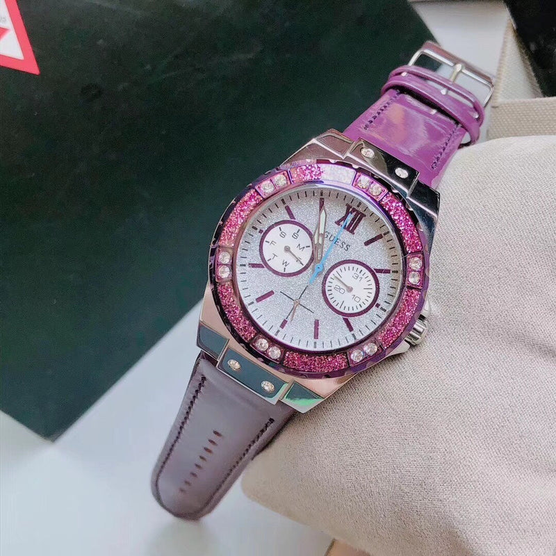 Shop Guess Limelight Quartz Silver Dial Purple Leather Strap Watch For Women - W0775L6 in USA