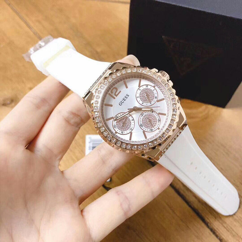 Guess Starlight Diamonds White Dial White Rubber Strap Watch for Women - W0846L5 Buy Now By Guess
