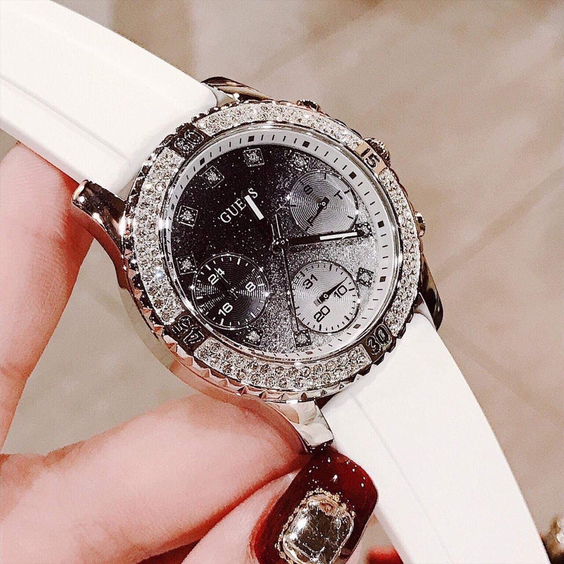 Guess Confetti Crystal Black Dial White Silicone Strap Watch For Women - W1098L1 Buy Now By Guess