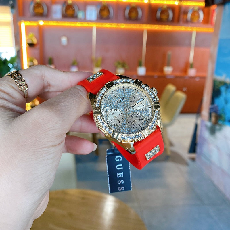 Guess Frontier Diamonds Gold Dial Red Rubber Strap Watch for Women - GW0045L2 Buy Now By Guess