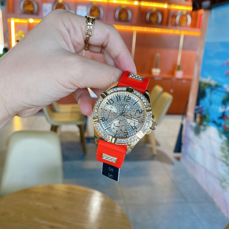 Guess Frontier Diamonds Gold Dial Red Rubber Strap Watch for Women - GW0045L2 Buy Now By Guess