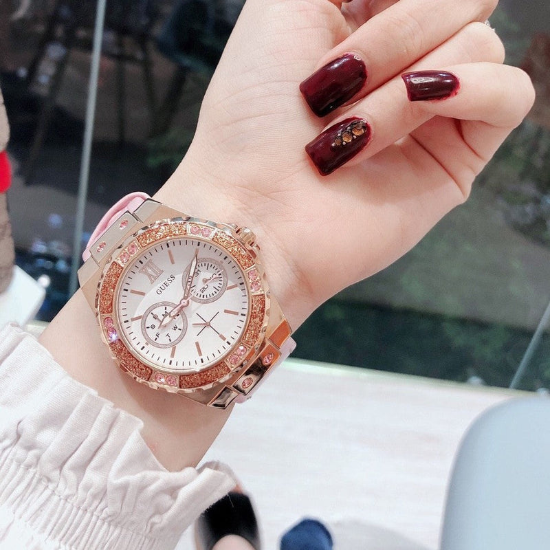 Shop Guess Limelight Quartz Analog White Dial Pink Leather Strap Watch For Women - W0775l3 in USA