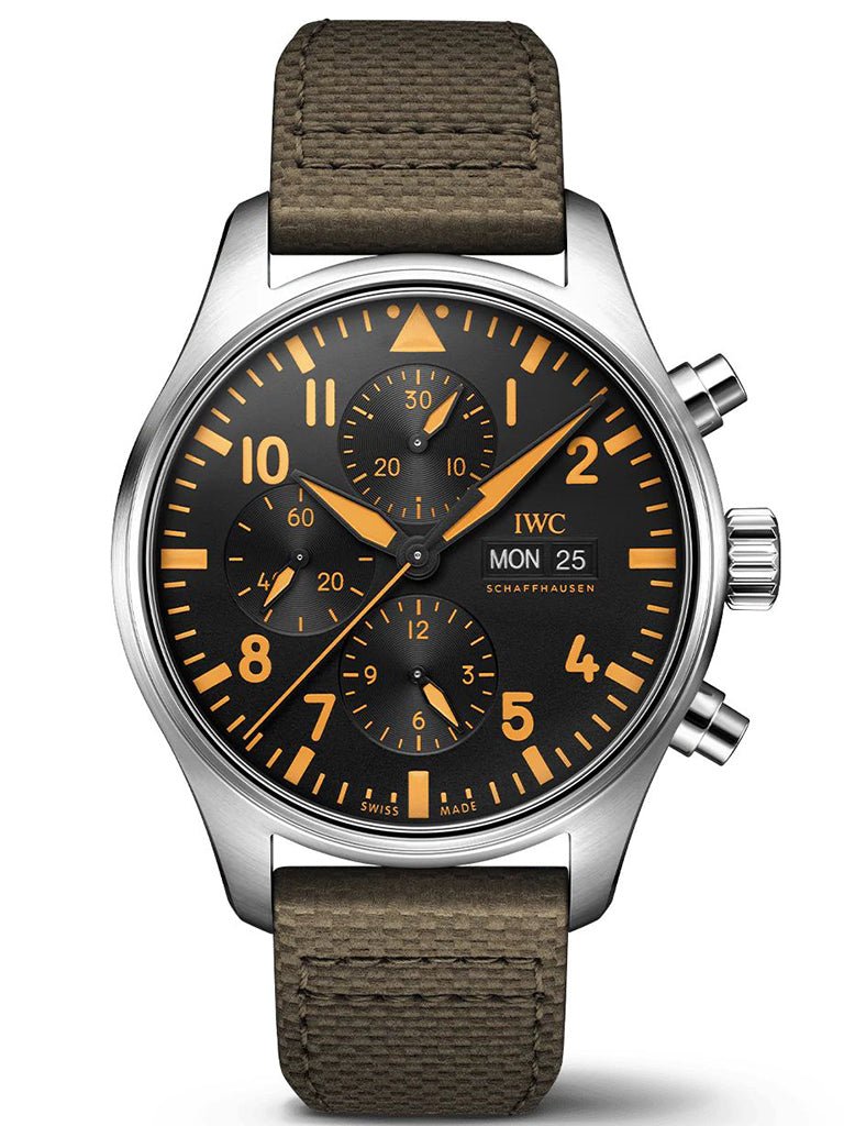 Shop IWC Pilot's Watch Chronograph Black Dial Olive Green Calfskin Strap Watch for Men - IW377730 in USA