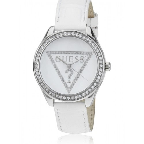 Guess Mini Triangle Quartz Diamonds Silver Dial White Leather Strap Watch For Women - W65006L1 Buy Now By Guess