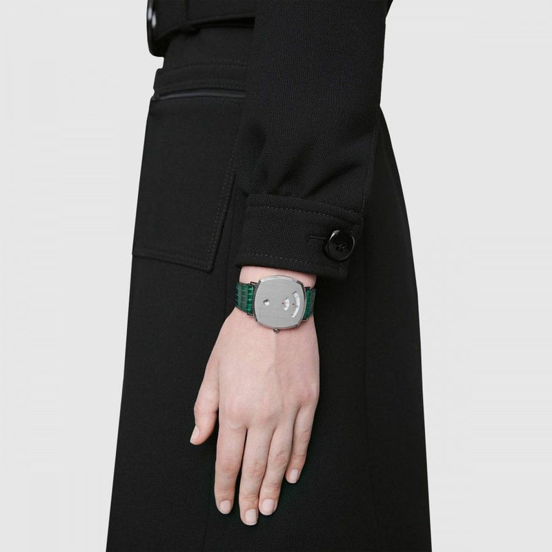 Shop Gucci Grip Quartz Silver Dial Green Leather Strap Watch For Women - YA157414 in USA
