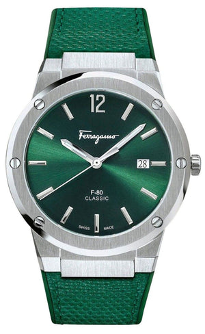 Salvatore Ferragamo F-80 Classic Green Dial Green Leather Strap Watch for Men - SFDT00519