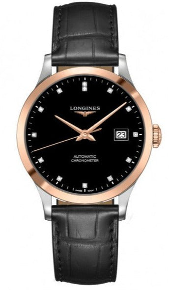 Shop Longines Record Black Dial Black Leather Strap Watch for Men - L2.821.5.57.2 in USA