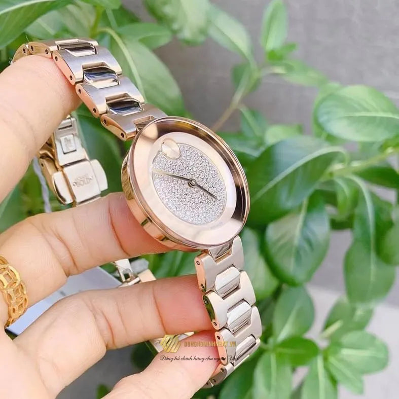 Shop Movado Bold Crystal Pave Rose Gold Dial Rose Gold Steel Strap Watch For Women - 3600493 in USA