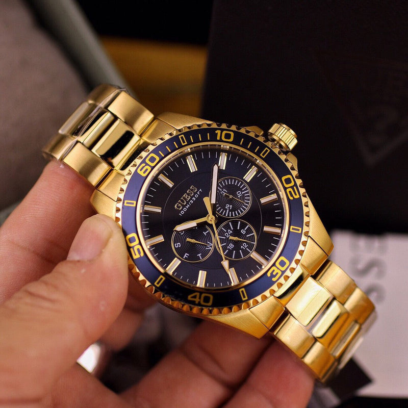 Shop Guess Chaser Multifunction Blue Dial Gold Steel Strap Watch for Men - W0172G5 in USA