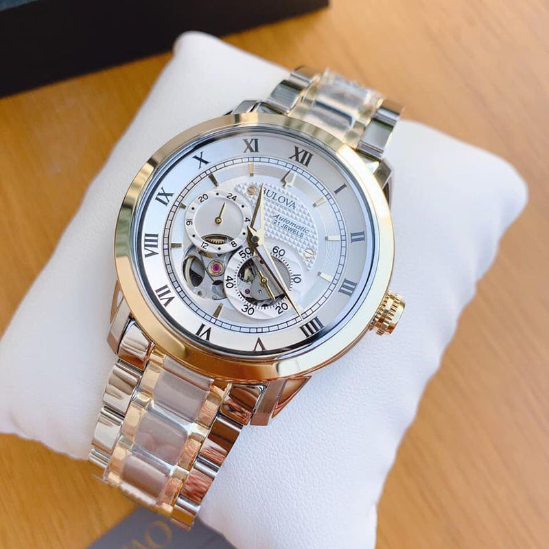 Bulova BVA Skeleton Silver Dial Two Tone Steel Strap Watch for Men - 98A230 Buy Now By Bulova