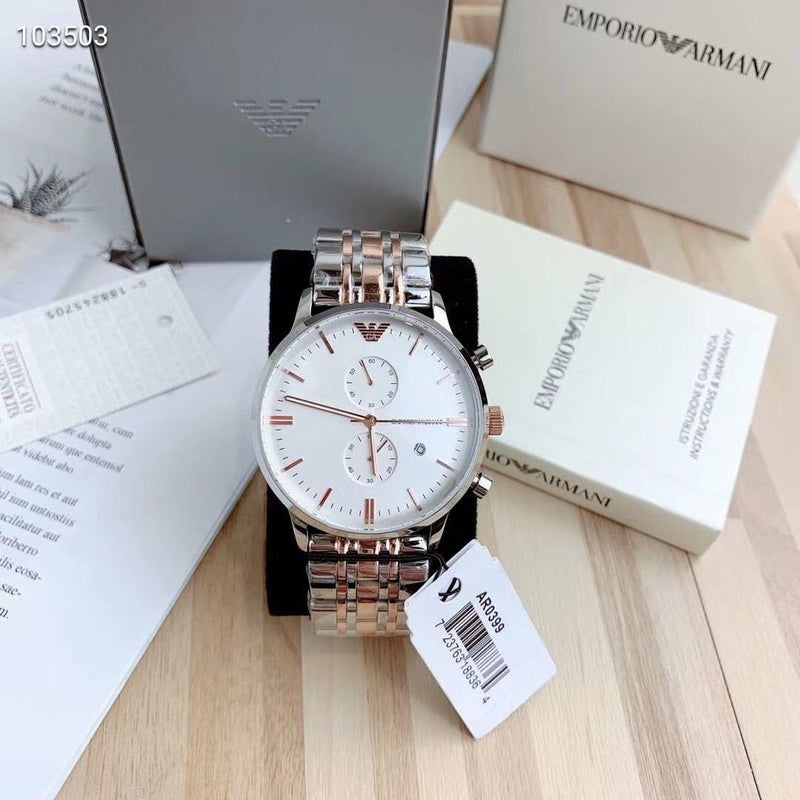 Emporio Armani Chronograph White Dial Two Tone Steel Strap Watch For Men - AR0399 Buy Now By Emporio Armani