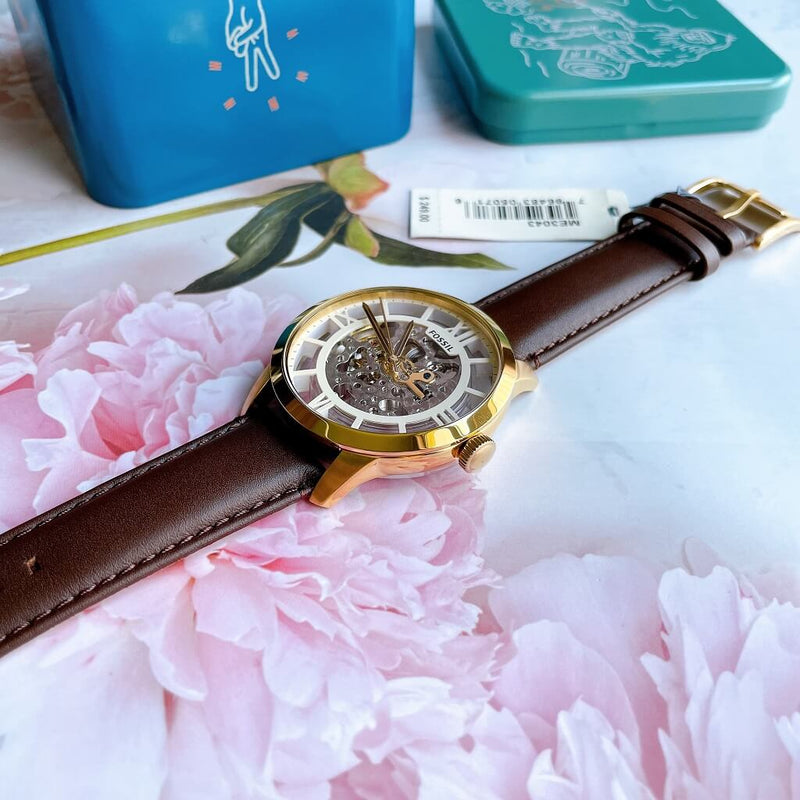 Fossil Townsman Automatic Skeleton Gold Dial Brown Leather Strap Watch for Men - ME3043 Buy Now By Fossil