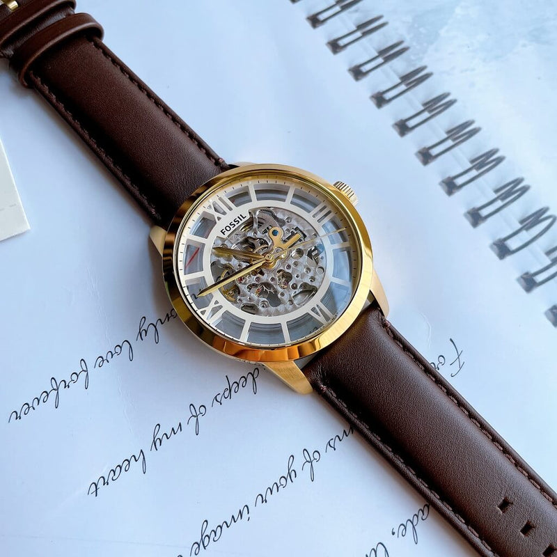 Fossil Townsman Automatic Skeleton Gold Dial Brown Leather Strap Watch for Men - ME3043 Buy Now By Fossil