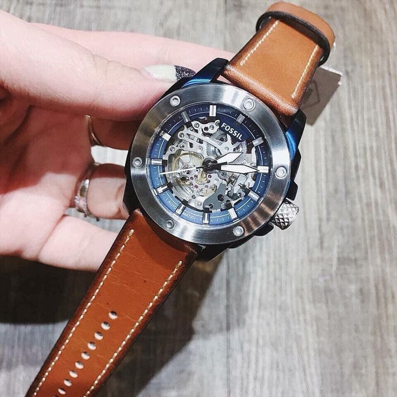 Fossil Modern Machine Automatic Skeleton Silver Dial Brown Leather Strap Watch for Men - ME3135 Buy Now By Fossil