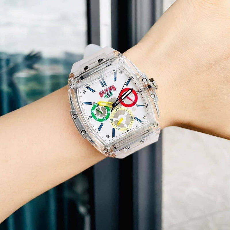 Guess Phoenix J Balvin White Dial Transparent Silicone Strap Watch For Men - V1051M1 Buy Now By Guess