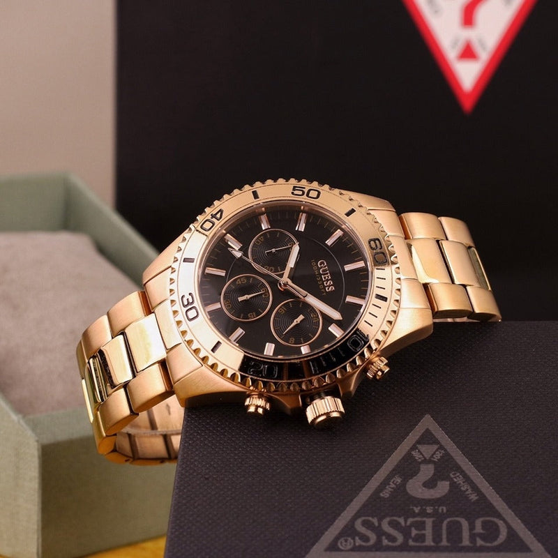 Guess Chaser Chronograph Black Dial Rose Gold Steel Strap Watch for Men - W0170G3 Buy Now By Guess