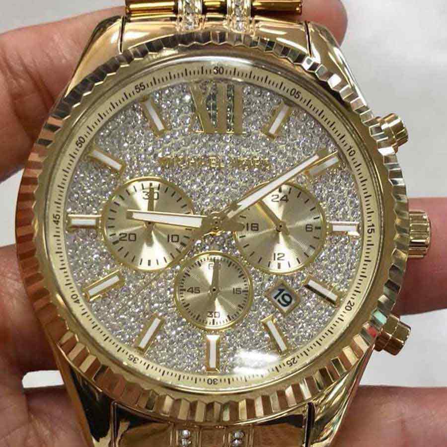 Michael Kors Lexington Chronograph Gold Dial Gold Steel Strap Watch For Men - MK8579