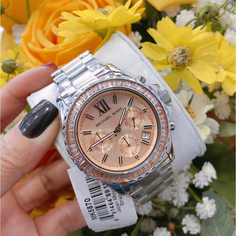 Michael Kors Everest Chronograph Gold Dial Silver Steel Strap Watch For Women - MK5870