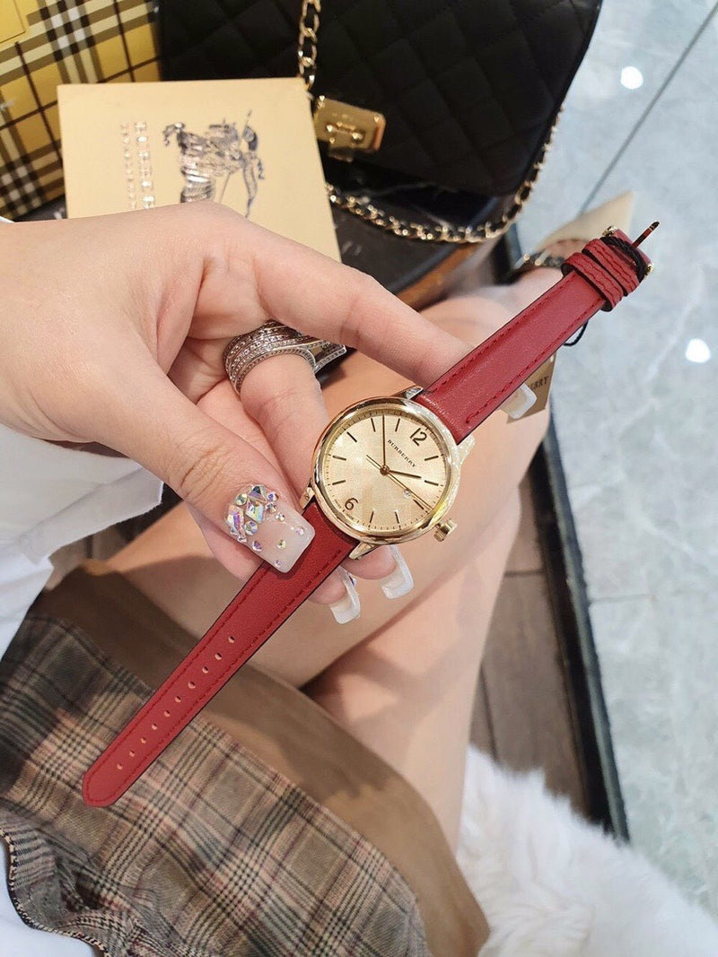 Shop Burberry The Classic Gold Dial Red Leather Strap Watch for Women - BU10102 in USA