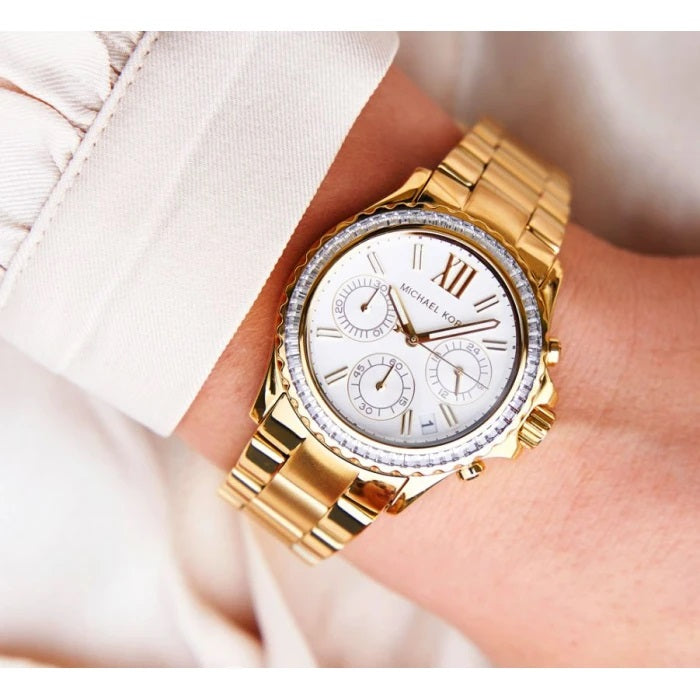 Michael Kors Everest Chronograph White Dial Gold Steel Strap Watch For Women - MK7212