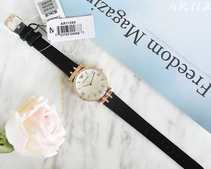 Emporio Armani Gianni T-Bar Mother of Pearl Dial Black Leather Strap Watch For Women - AR11295 Buy Now By Emporio Armani