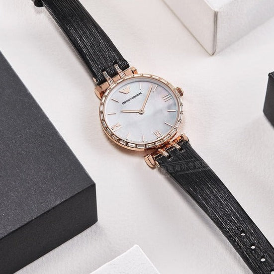 Emporio Armani Gianni T-Bar Mother of Pearl Dial Black Leather Strap Watch For Women - AR11295 Buy Now By Emporio Armani