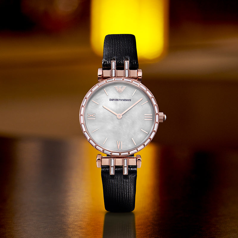 Emporio Armani Gianni T-Bar Mother of Pearl Dial Black Leather Strap Watch For Women - AR11295 Buy Now By Emporio Armani