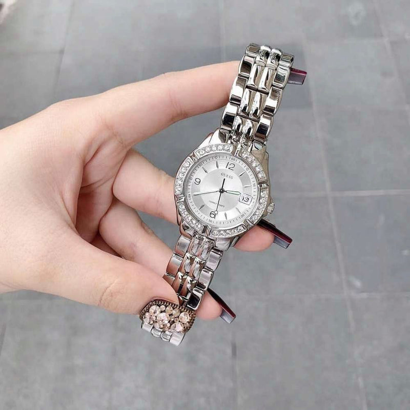 Guess Water Pro Diamonds Silver Dial Silver Steel Strap Watch For Women - G75511M Buy Now By Guess