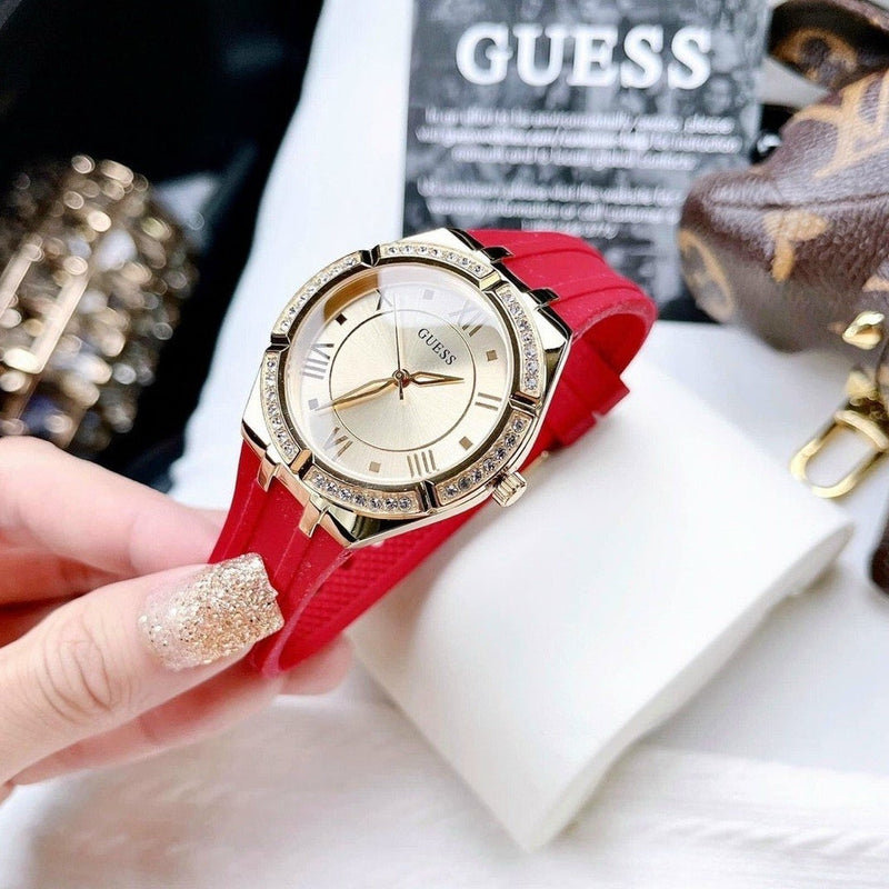 Guess Cosmo Diamonds Gold Dial Red Rubber Strap Watch for Women - GW0034L6 Buy Now By Guess