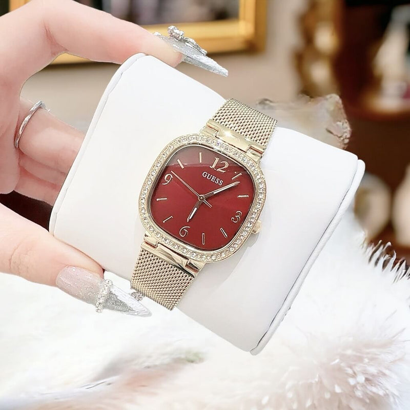 Guess Quartz Red Dial Gold Mesh Strap Watch For Women - GW0354L4 Buy Now By Guess
