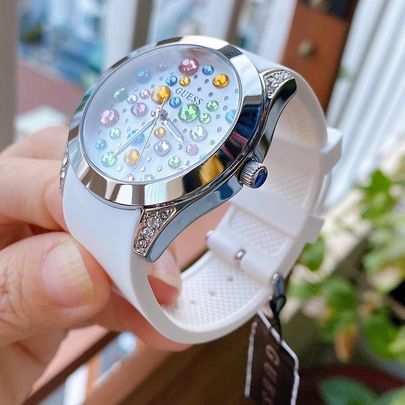 Guess Wanderlust Crystals Silver Dial White Rubber Strap Watch For Women - W1059L3 Buy Now By Guess