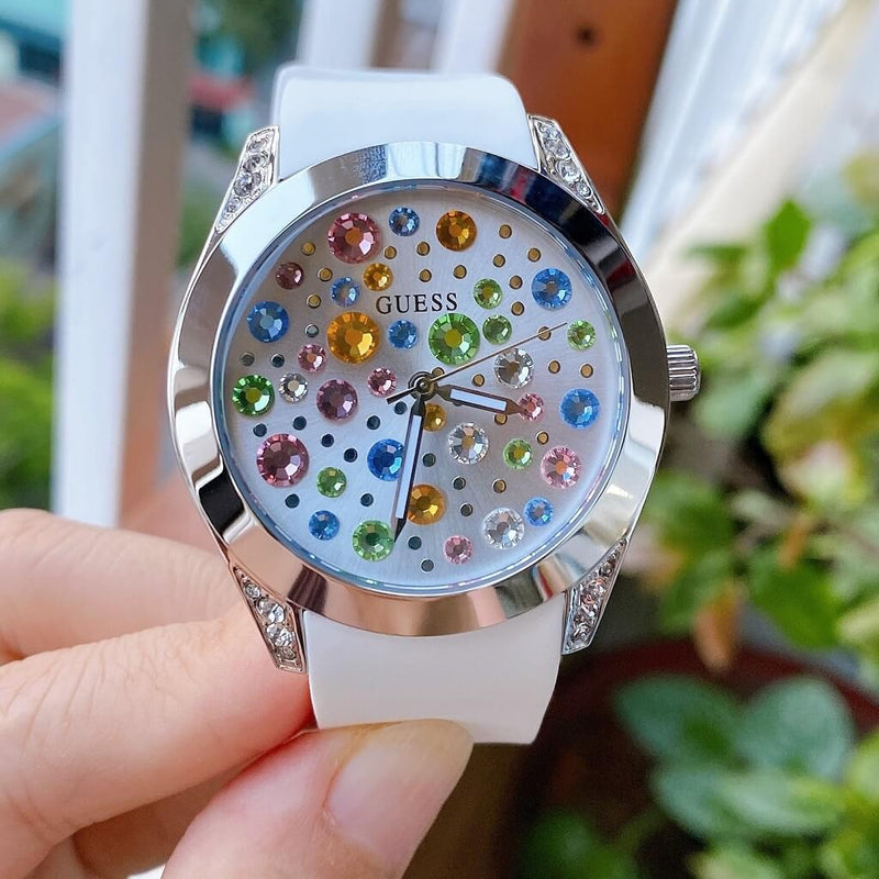 Guess Wanderlust Crystals Silver Dial White Rubber Strap Watch For Women - W1059L3 Buy Now By Guess