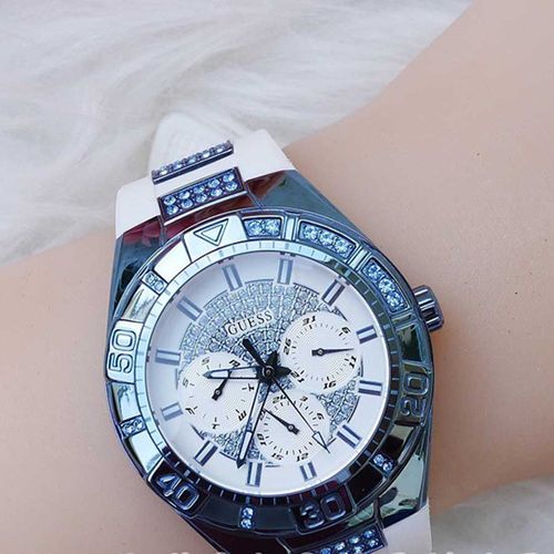 Guess Luna Diamonds White Dial White Rubber Strap Watch for Women - W0653L2 Buy Now By Guess