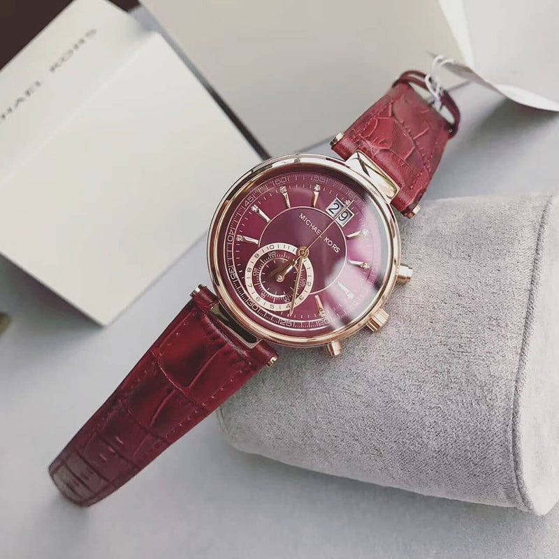 Michael Kors Sawyer Maroon Dial Maroon Leather Strap Watch for Women - MK2426 Buy Now By Michael Kors