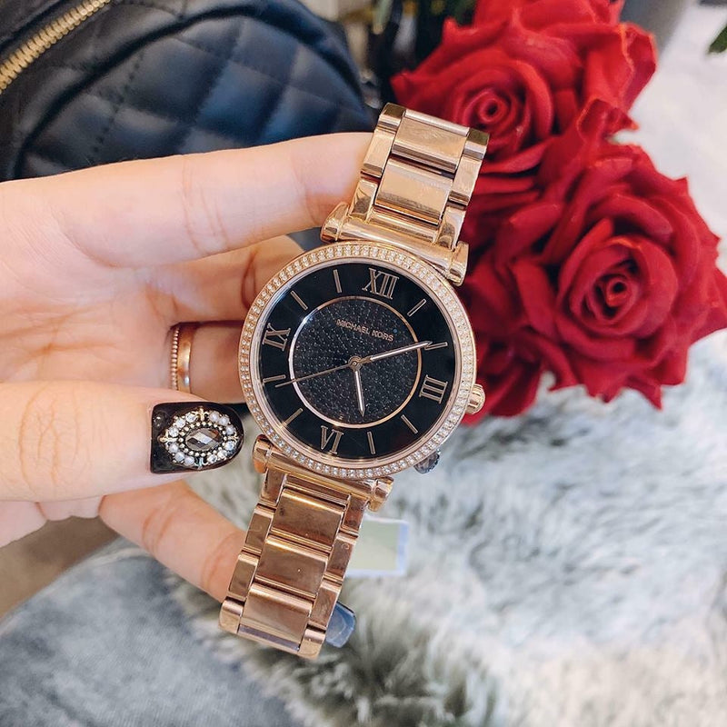 Michael Kors Catlin Black Diamonds Dial Rose Gold Steel Strap Watch for Women - MK3356 Buy Now By Michael Kors