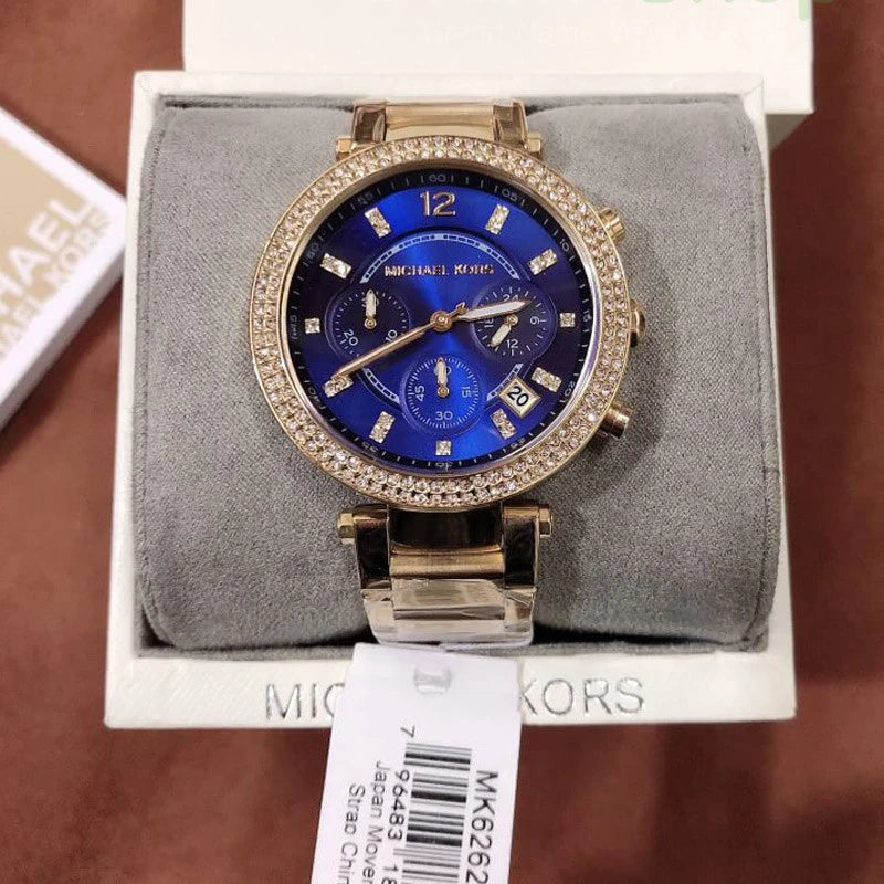 Michael Kors Parker Chronograph Blue Dial Gold Steel Strap Watch For Women - MK6262 Buy Now By Michael Kors