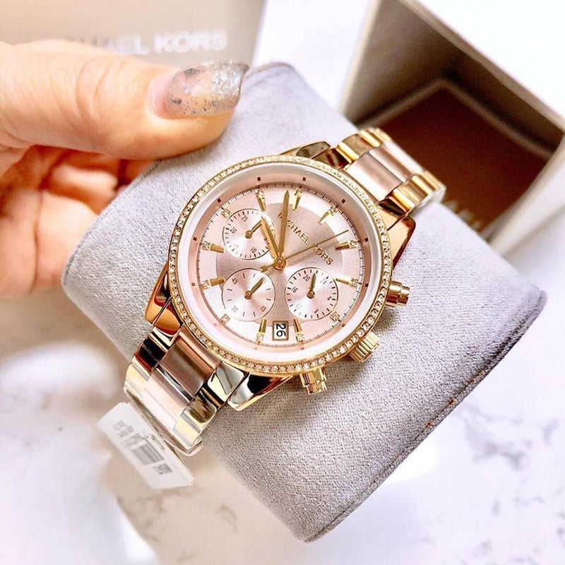 Michael Kors Ritz Chronograph Rose Dial Two Tone Steel Strap Watch for Women - MK6475 Buy Now By Michael Kors