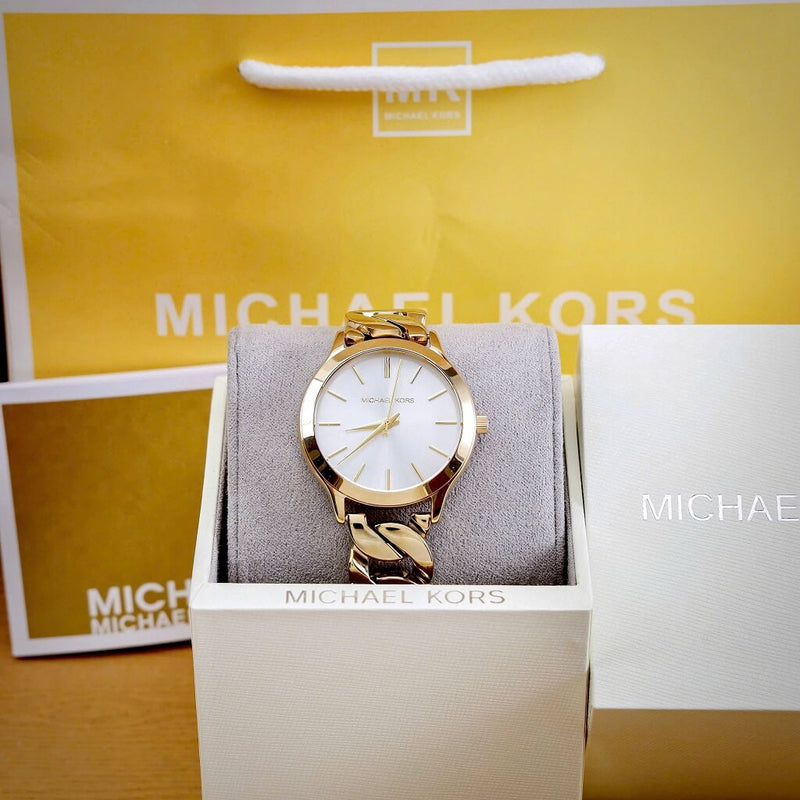 Michael Kors Runway Three-Hand White Dial Gold Steel Strap Watch for Women - MK7472 Buy Now By Michael Kors