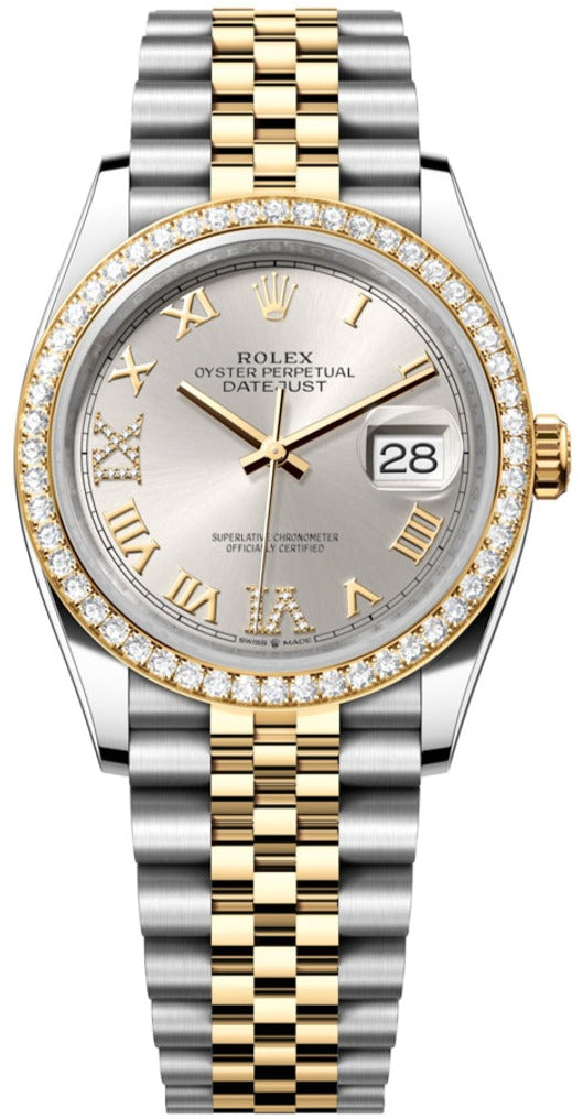 Shop Rolex Datejust 36 Oyster Diamonds Silver Dial Two Tone Oystersteel Yellow Gold Strap Watch for Men - M126283RBR-0017 in USA