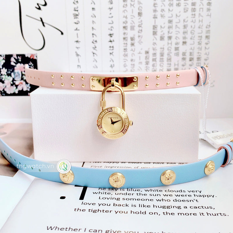 Versace Medusa Lock Icon Quartz Gold Dial Pink & Blue Leather Strap Watch For Women - VEDW00219 Buy Now By Versace